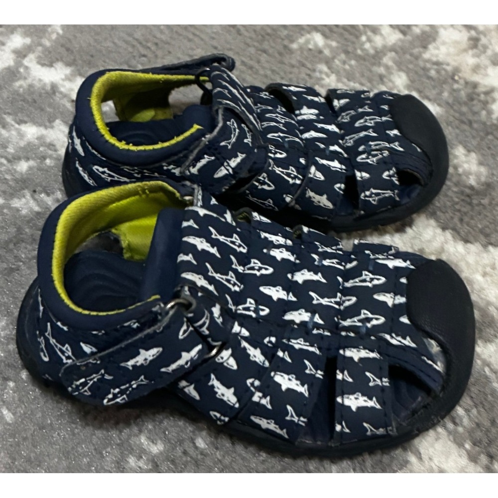 Toddler Boys Navy Blue Shark Print Fisherman Sandals Lime Green Accents Size 6